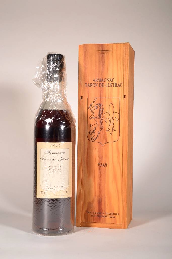 1 Flasche 1948 Baron de Lustrac Armagnac, Armagnac, ca. 70 cl, 40 % Vol., unverkostet, Abstand zwischen Kapsel und Armagnac: ca. 5 cm, guter ...