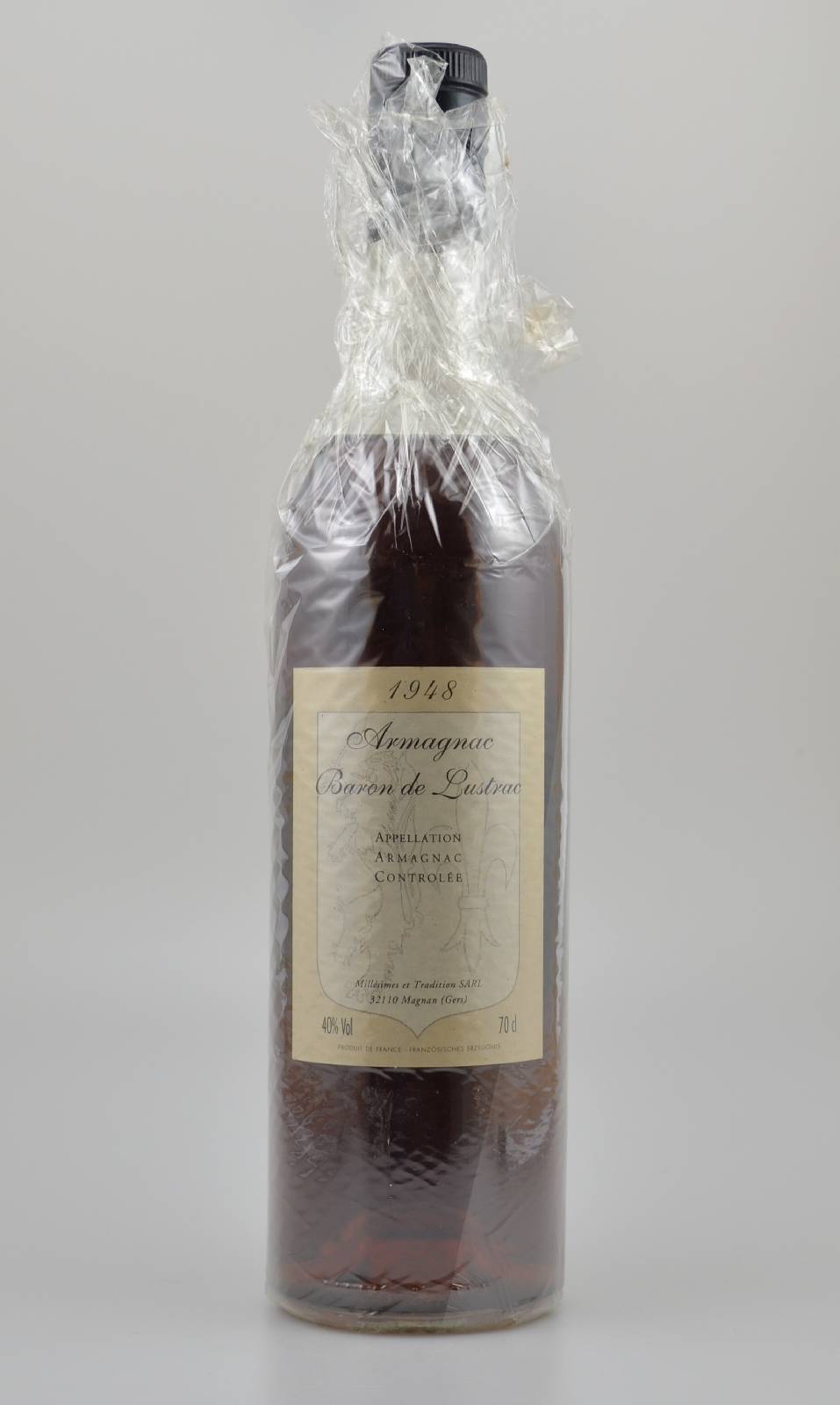 1 Flasche 1948 Baron de Lustrac Armagnac, Armagnac, ca. 70 cl, 40 % Vol., unverkostet, Abstand zwischen Kapsel und Armagnac: ca. 5 cm, guter ...