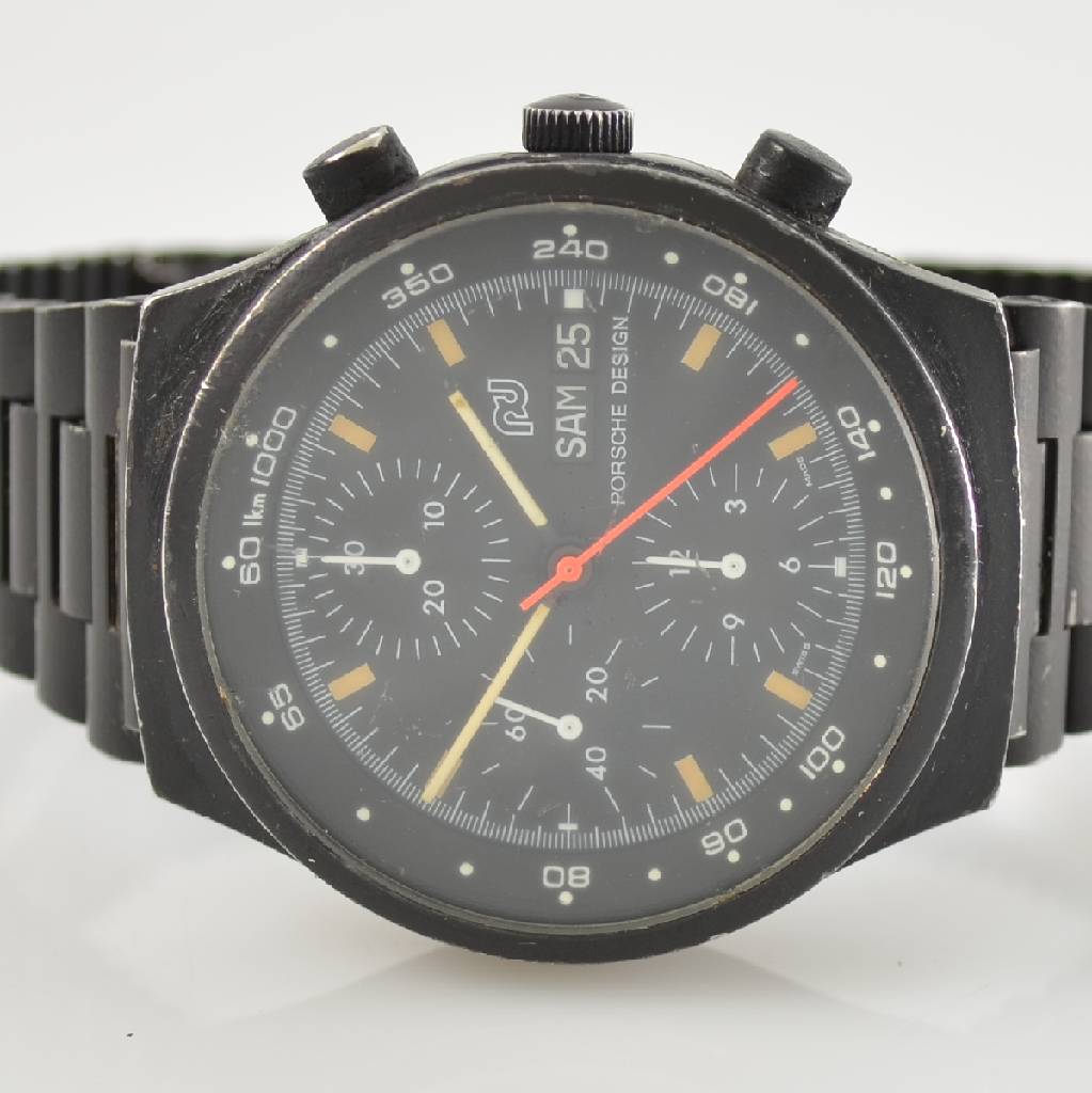 Detail a: ORFINA/PORSCHE DESIGN Herrenarmbanduhr mit Chronograph, Schweiz um 1980, Automatik, verschr. Stahlgeh. mit orig. Gliederband, beides geschwärzt, ...
