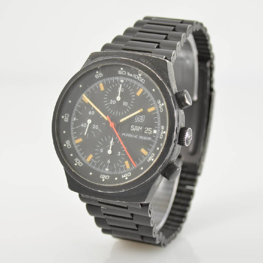 Detail b: ORFINA/PORSCHE DESIGN Herrenarmbanduhr mit Chronograph, Schweiz um 1980, Automatik, verschr. Stahlgeh. mit orig. Gliederband, beides geschwärzt, ...