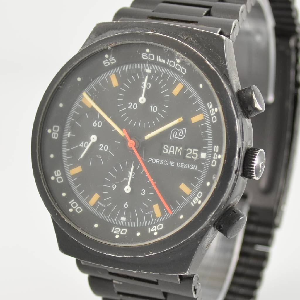 Detail c: ORFINA/PORSCHE DESIGN Herrenarmbanduhr mit Chronograph, Schweiz um 1980, Automatik, verschr. Stahlgeh. mit orig. Gliederband, beides geschwärzt, ...