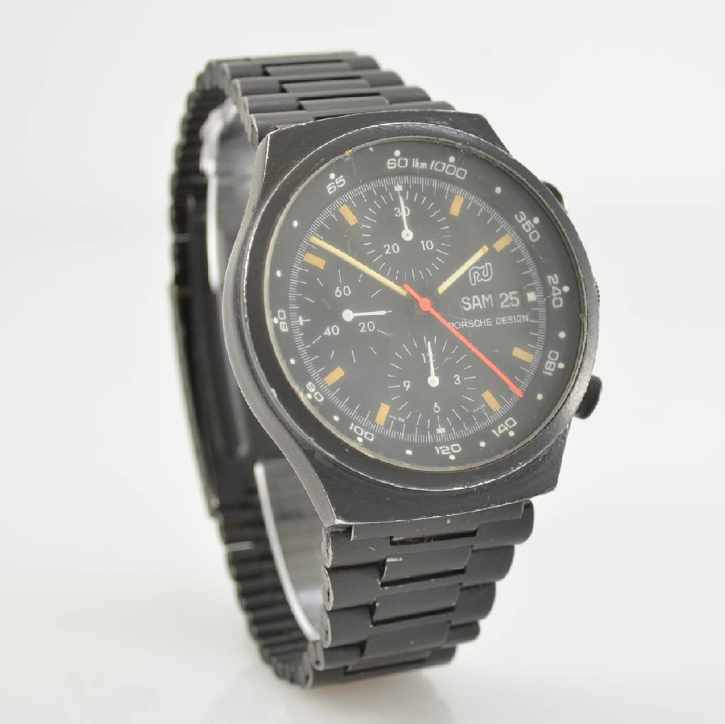 Detail d: ORFINA/PORSCHE DESIGN Herrenarmbanduhr mit Chronograph, Schweiz um 1980, Automatik, verschr. Stahlgeh. mit orig. Gliederband, beides geschwärzt, ...