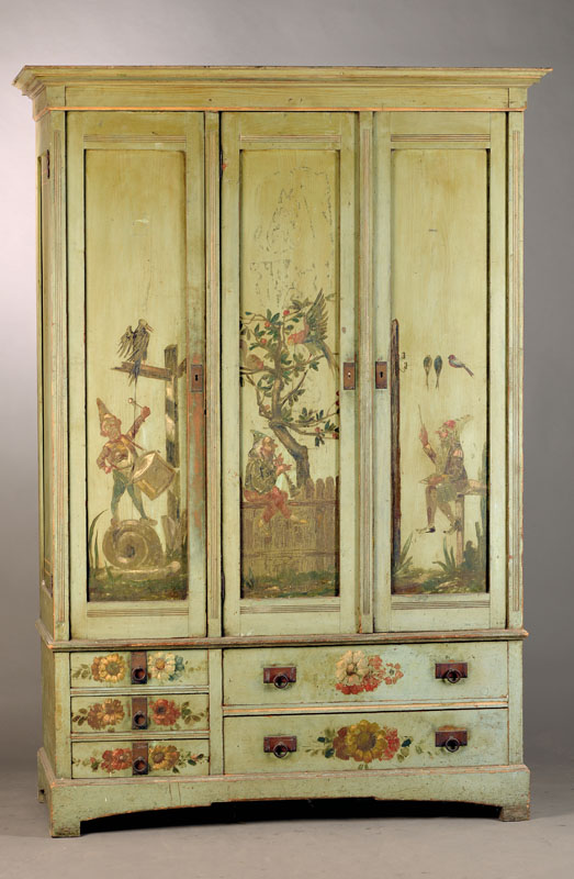 Bemalter Schrank, deutsch, um 1905, Weichholz bemalt, 3-türig, Unterteil asymmetrisch, 5-schübig, Alterserscheinungen, altersbedingte ...