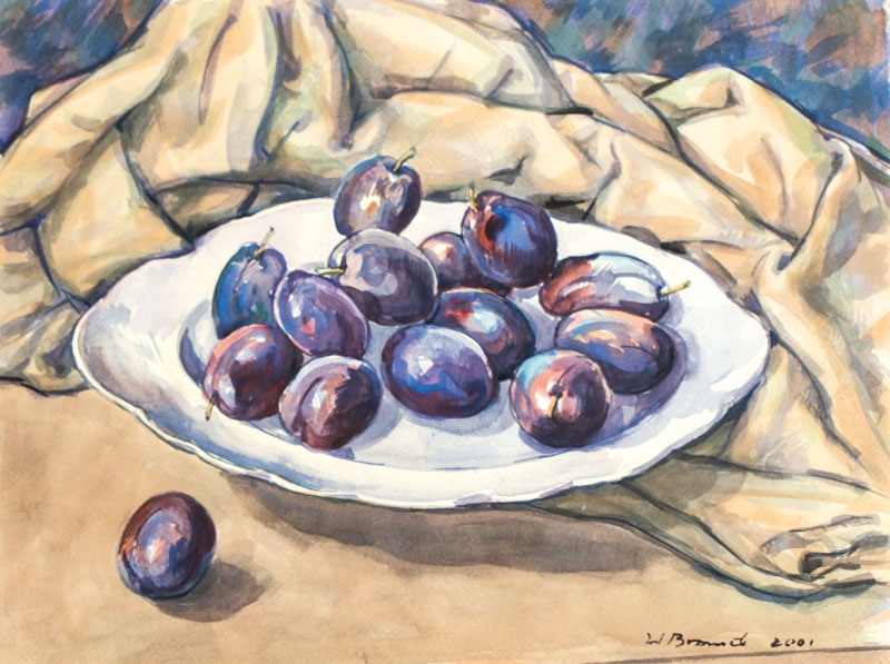 Werner Brand, geb. 1933 Löbau, Pflaumen, Aquarell, sign., dat. 2001, ca. 31x40 cm, unter Glas gerahmt, gesamt 73x66,5 cm