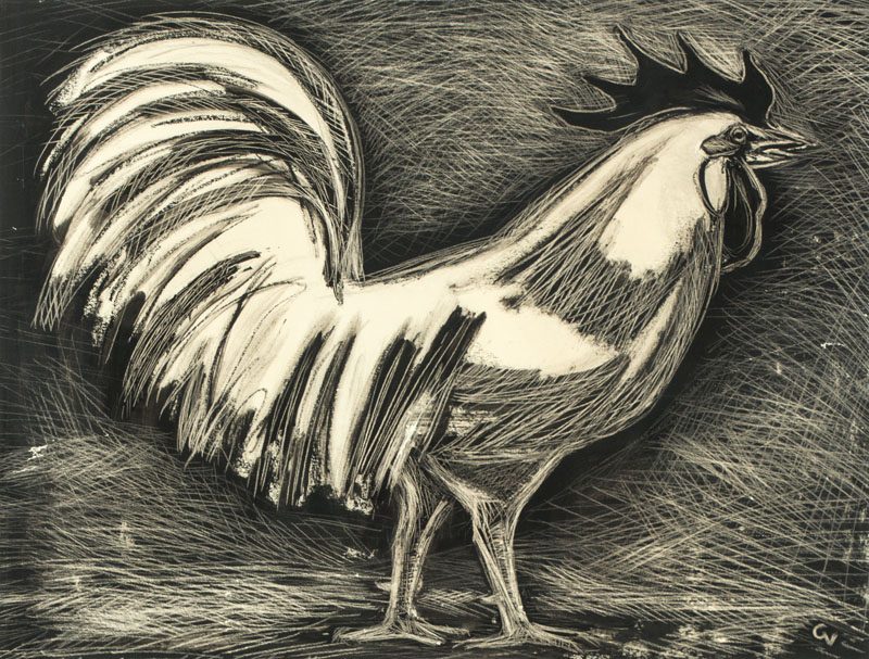 Georg Vorhauer, 1903 Paris - 1987 Neustadt, Hahn, Mischtechnik auf schwarzem Papier, monogr., Motiv 59x67 cm, unter Glas gerahmt, gesamt 72x89 cm