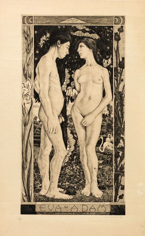 Richard Müller, 1874-1954, Eva und Adam, Radierung/Velin, handsign., dat., Stempel deutscher Kunstverleger, Platte 65x34 cm, leichte Knicke im Blatt
