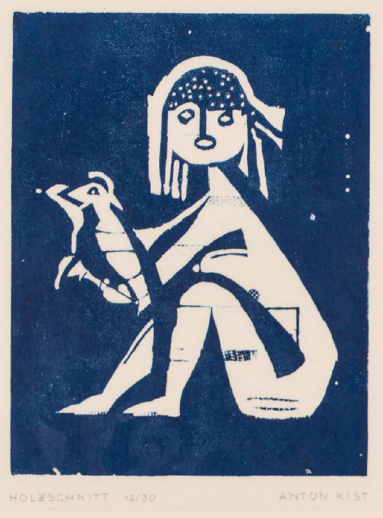 Anton Kist, Kind mit Vogel, Holzschnitt, handsign., num. 12/30, Platte 24x18,5 cm, unter Glas gerahmt