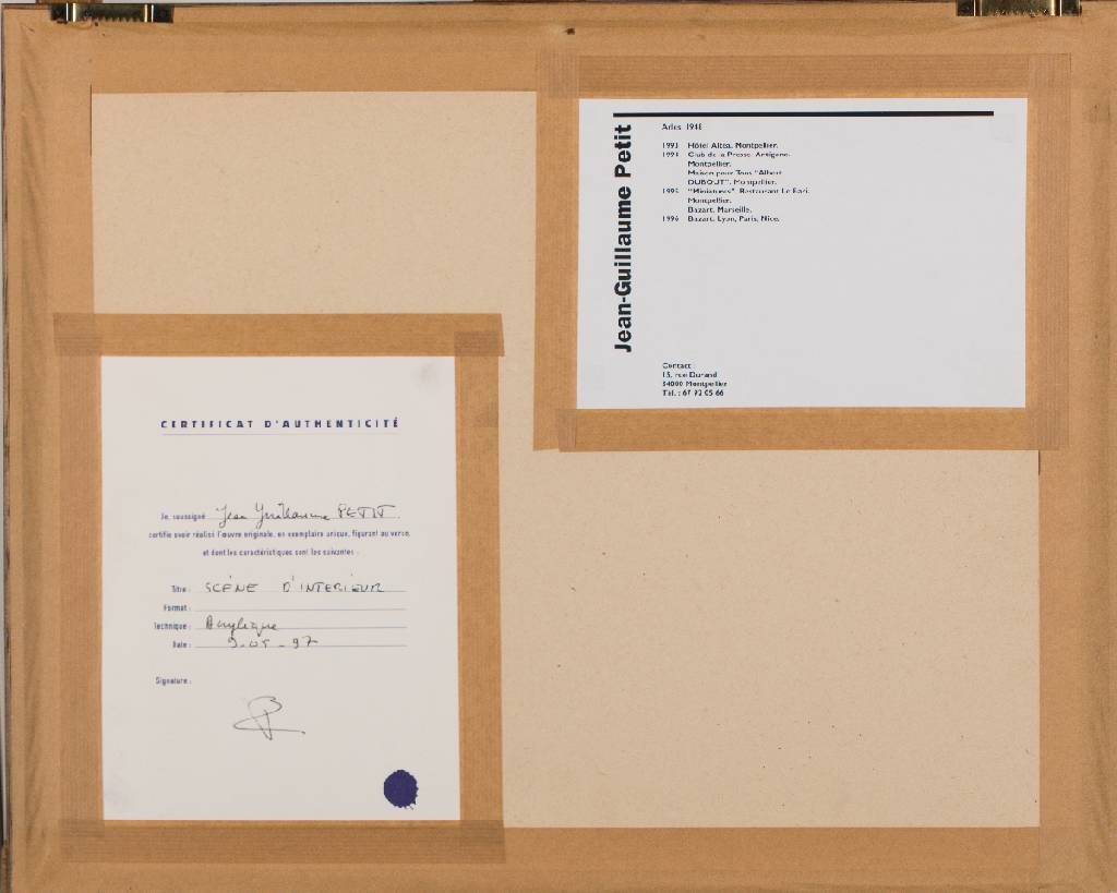 Detail b: Jean-Guillaume Petit, geb. 1948 Arles, Scène d´Interieur, Acryl/Papier, sign., dat. (19) 97, verso Echtheitszertifikat des Künstlers, Blattgr. ...