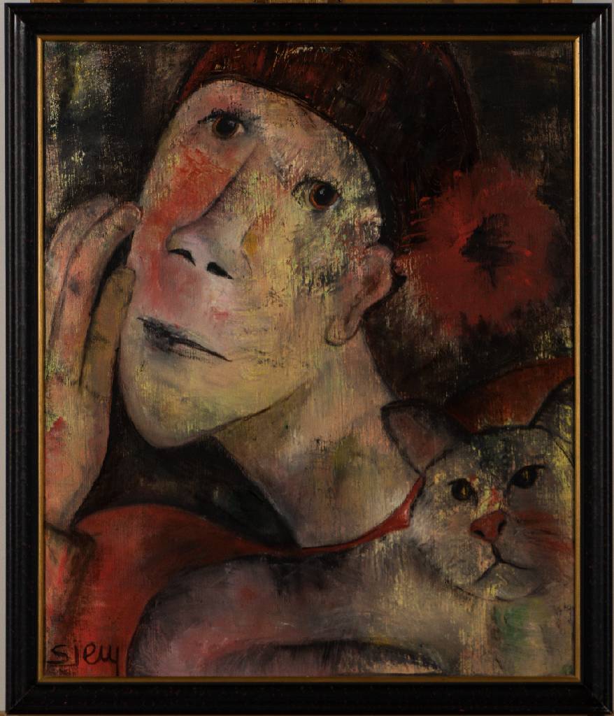 Sjem, belgische Künstlerin, Porträt mit Katze, Acryl/Lwd, sign., 55x45 cm, Rahmen