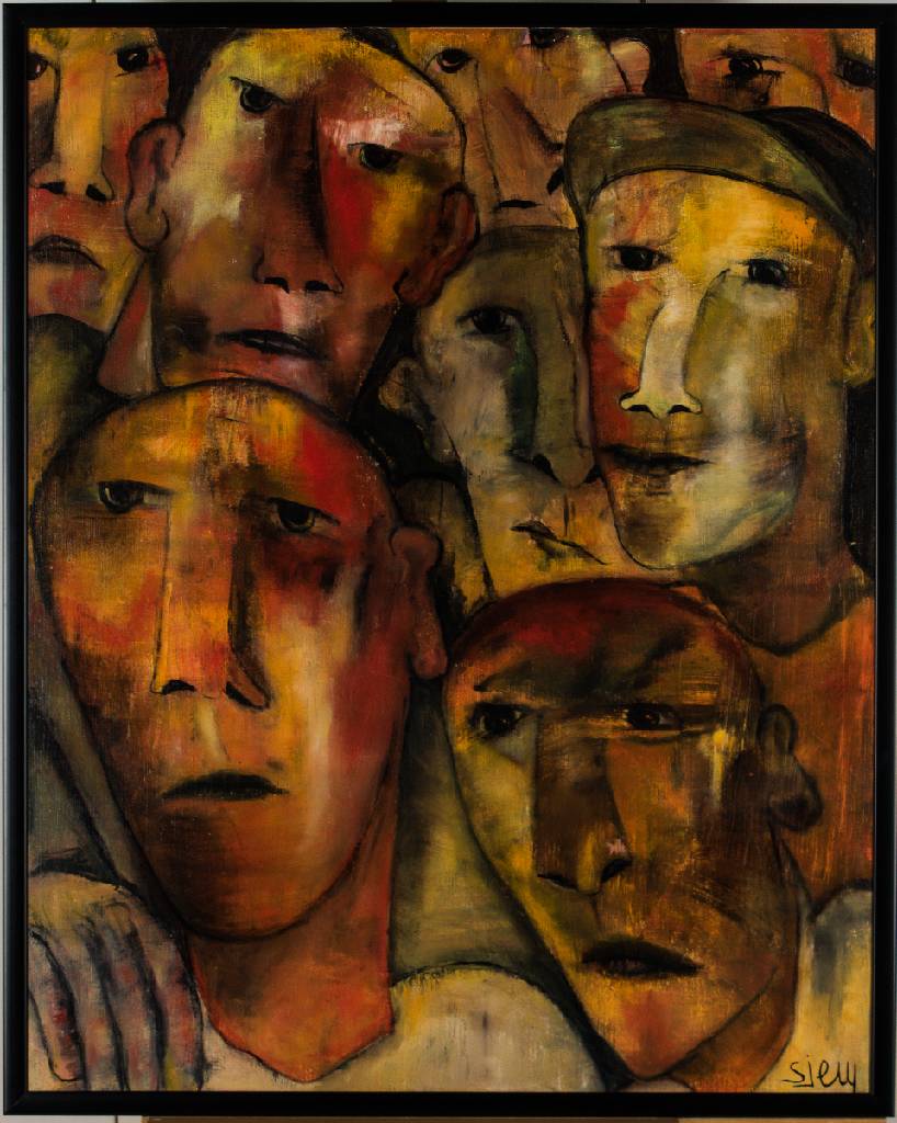 Sjem, belgische Künstlerin, Menschenmenge, Acryl/Lwd, sign., 100x80 cm, Rahmen