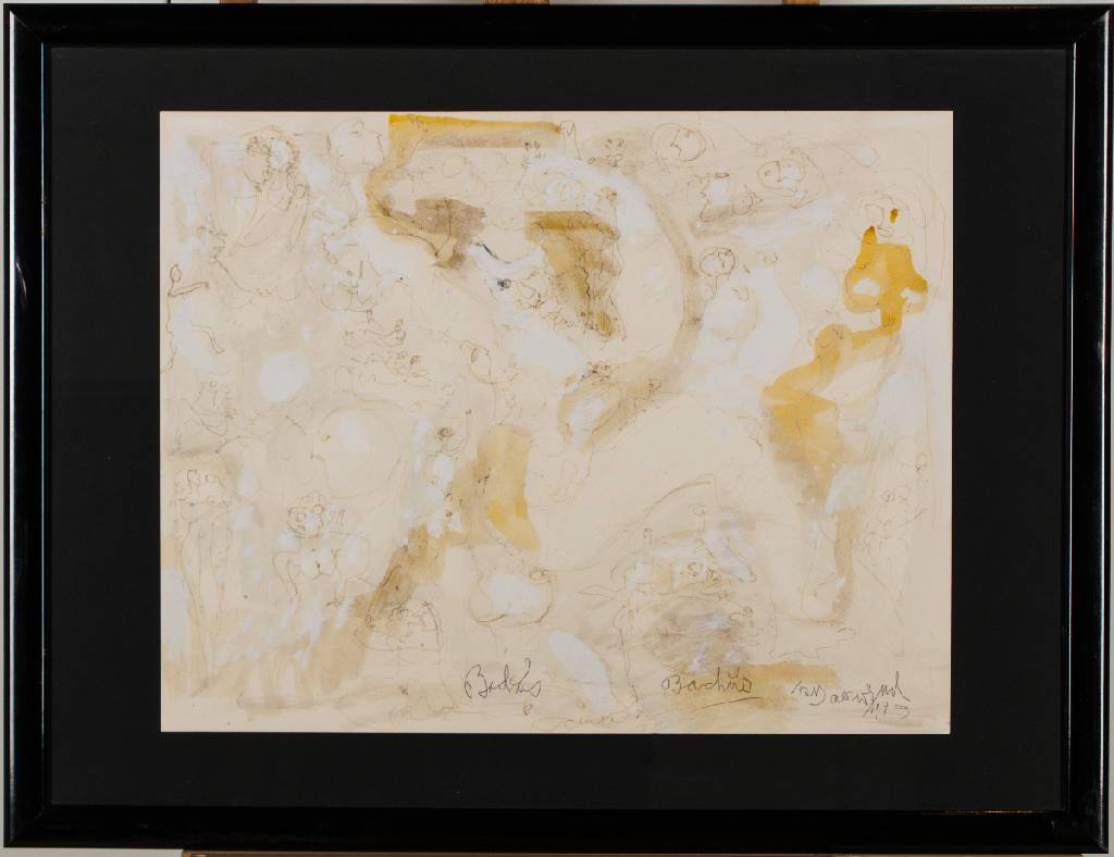 Rudi Baerwind, 1910-1982 Mannheim, Bachus, Mischtechnik/Papier, handsign., betitelt, dat.1973, Blattgr. 48x61 cm, unter Glas gerahmt