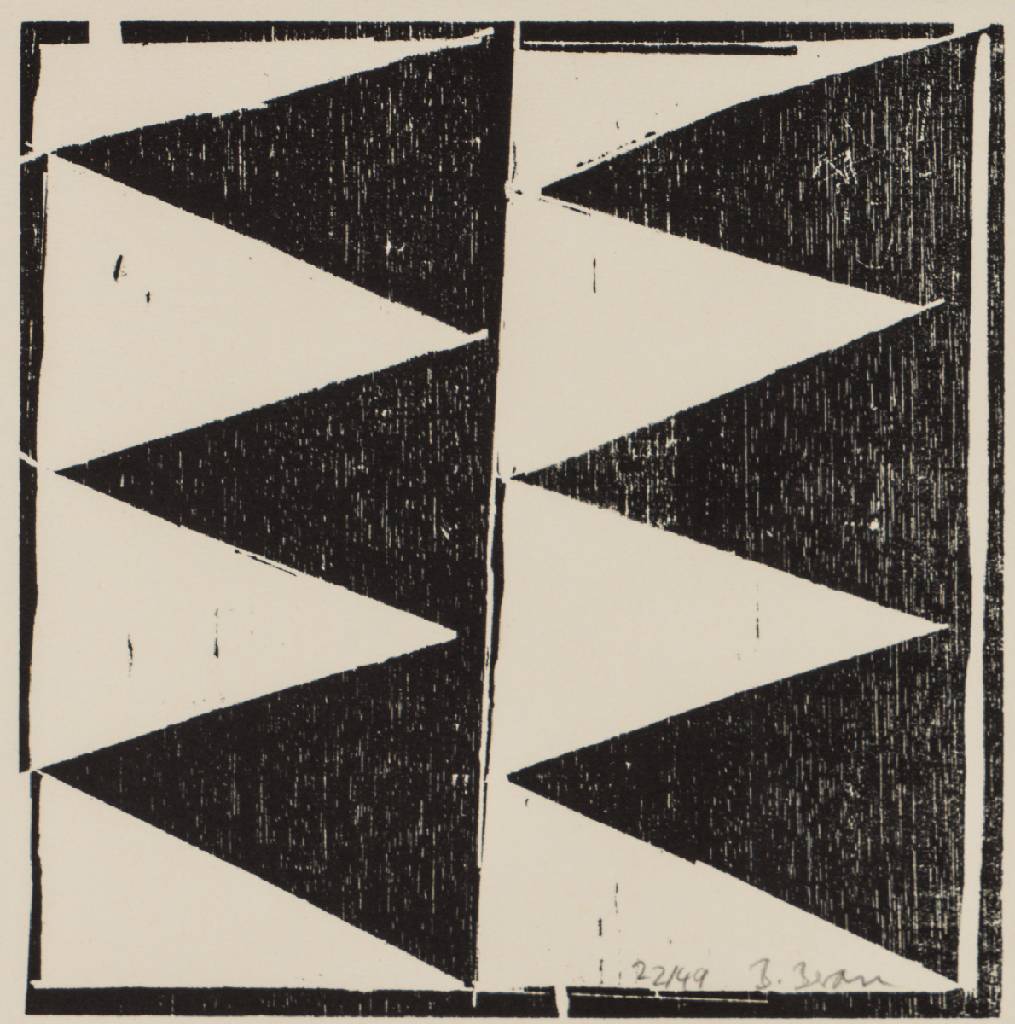 Barbara Beran, geb. 1942 Münster, 7 Holzschnitte: Geometrische Serie in schwarz/weiß, je handsign., je num. 22/49, je ca. 23,5x24 cm, unter Glas ...
