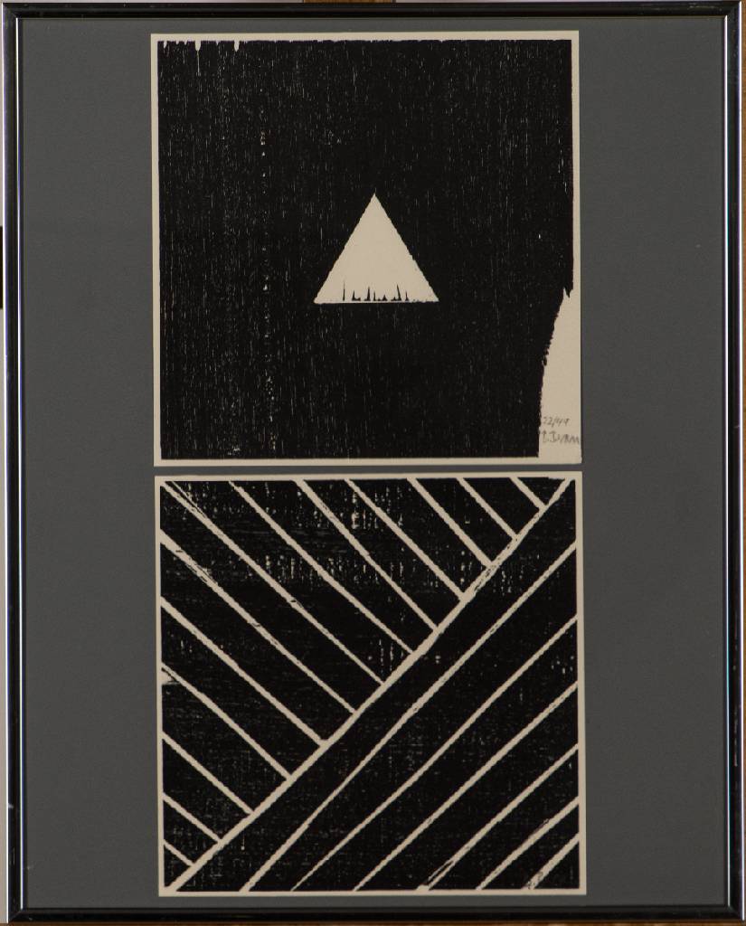 Detail a: Barbara Beran, geb. 1942 Münster, 7 Holzschnitte: Geometrische Serie in schwarz/weiß, je handsign., je num. 22/49, je ca. 23,5x24 cm, unter Glas ...