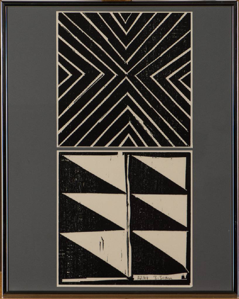 Detail b: Barbara Beran, geb. 1942 Münster, 7 Holzschnitte: Geometrische Serie in schwarz/weiß, je handsign., je num. 22/49, je ca. 23,5x24 cm, unter Glas ...