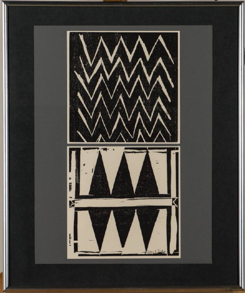Detail e: Barbara Beran, geb. 1942 Münster, 7 Holzschnitte: Geometrische Serie in schwarz/weiß, je handsign., je num. 22/49, je ca. 23,5x24 cm, unter Glas ...
