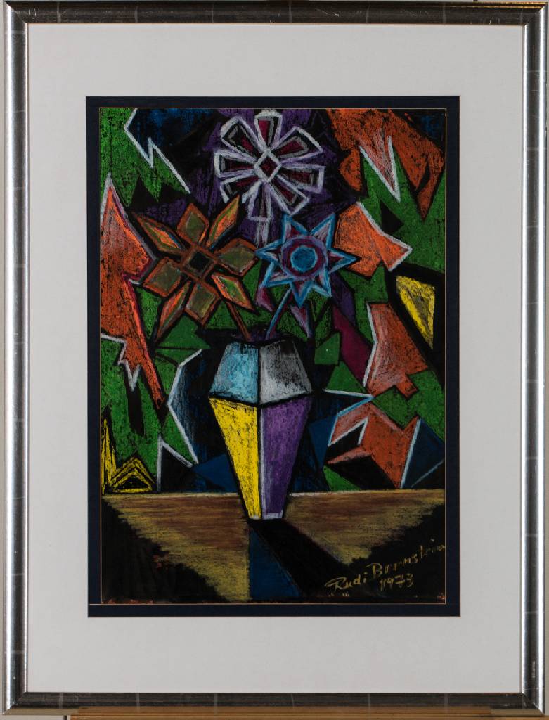 Rudi Bernstein, geb. 1950 Mannheim, kubistisches Blumenstillleben, Pastell/Karton,sign., dat. 1973, Blattgr. 59x42 cm, unter Glas gerahmt