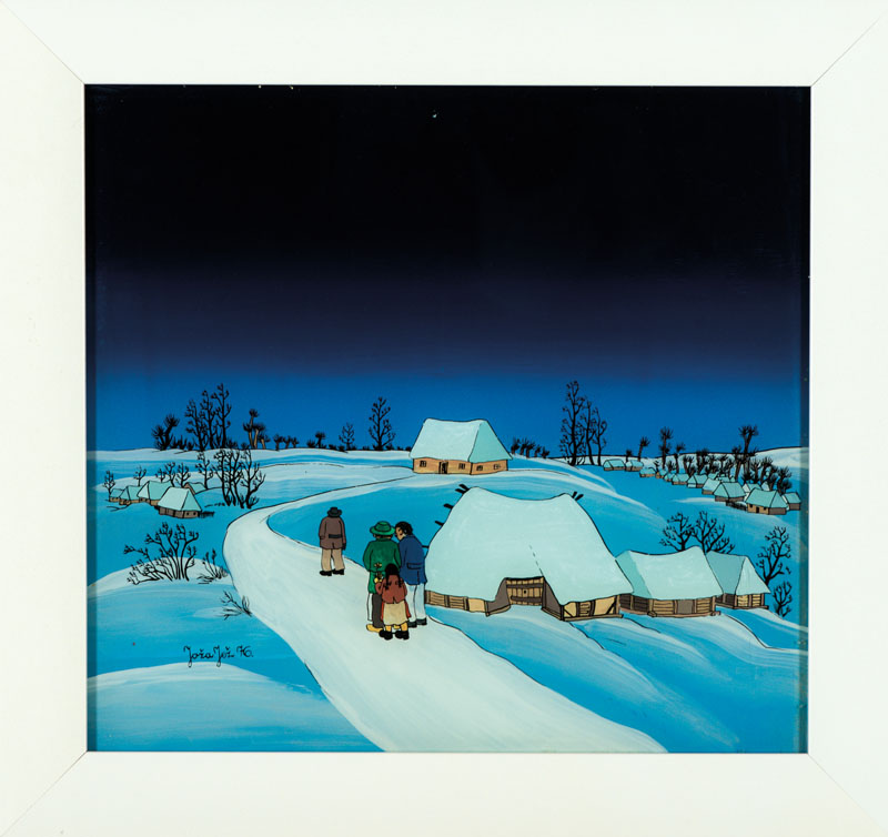 Joza Jez, slowenischer Künstler, Verschneites Dorf im Winter, Hinterglasmalerei, sign., dat. 1976, ca. 30,5x33 cm, Rahmen