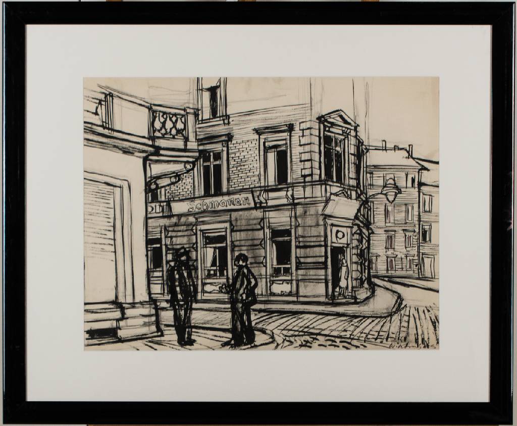 Werner Kornhas, 1910-1992, Konvolut aus 2 Tusche-Zeichnungen: Karlsruher Straßenzeile- Cafe Wien in der Fasanenstraße, Karlsruhe- Gasthaus ...
