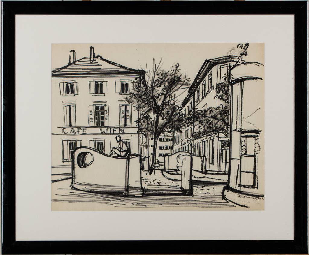 Detail a: Werner Kornhas, 1910-1992, Konvolut aus 2 Tusche-Zeichnungen: Karlsruher Straßenzeile- Cafe Wien in der Fasanenstraße, Karlsruhe- Gasthaus ...