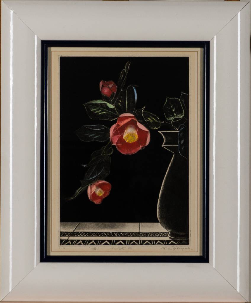 Francois M. Nakayama, 1898 Japan-1979 Paris, Camellia, Farbradierung, handsign., japanisch betitelt, num. C-II, Platte 36x25 cm, unter Glas gerahmt