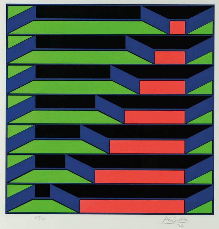 Jürgen Reipka, 1936 Hannover-2013 Pfarrkirchen, Geometrische Optikschichtung, Farbserigraphie, handsign., dat. 1972, num. 51/80, Blattgr. 80x61 cm, ...