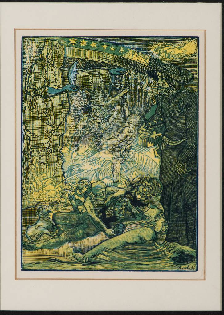 Josef Vachal, 1884-1969, tschechischer Schriftsteller, Maler und Grafiker, hier: Satanistische Allegorieszene, Farbholzschnitt,im Druck sign., Platte ...
