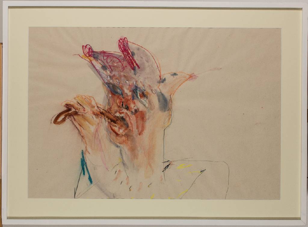Manfred Vogel, 1946 Bottrop-2008 Mallorca, Jeck mit Bratwurst, Mischtechnik/Papier, verso sign., dat. 1980, betitelt, ca. 80x100 cm, unter Glas ...