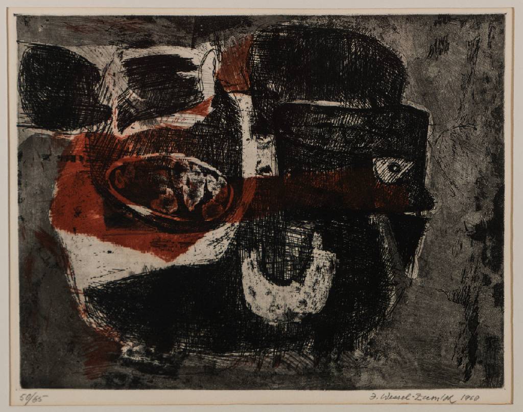 Irmgart Wessel-Zumloh, 1907-1980, gedeckter Tisch, Farbradierung, sign., dat. 1960, num. 50/65, Platte 25x32 cm, unter Glas gerahmt, gesamt 54x70 cm