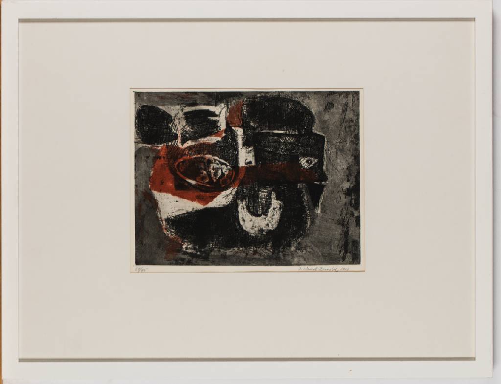 Detail a: Irmgart Wessel-Zumloh, 1907-1980, gedeckter Tisch, Farbradierung, sign., dat. 1960, num. 50/65, Platte 25x32 cm, unter Glas gerahmt, gesamt 54x70 cm