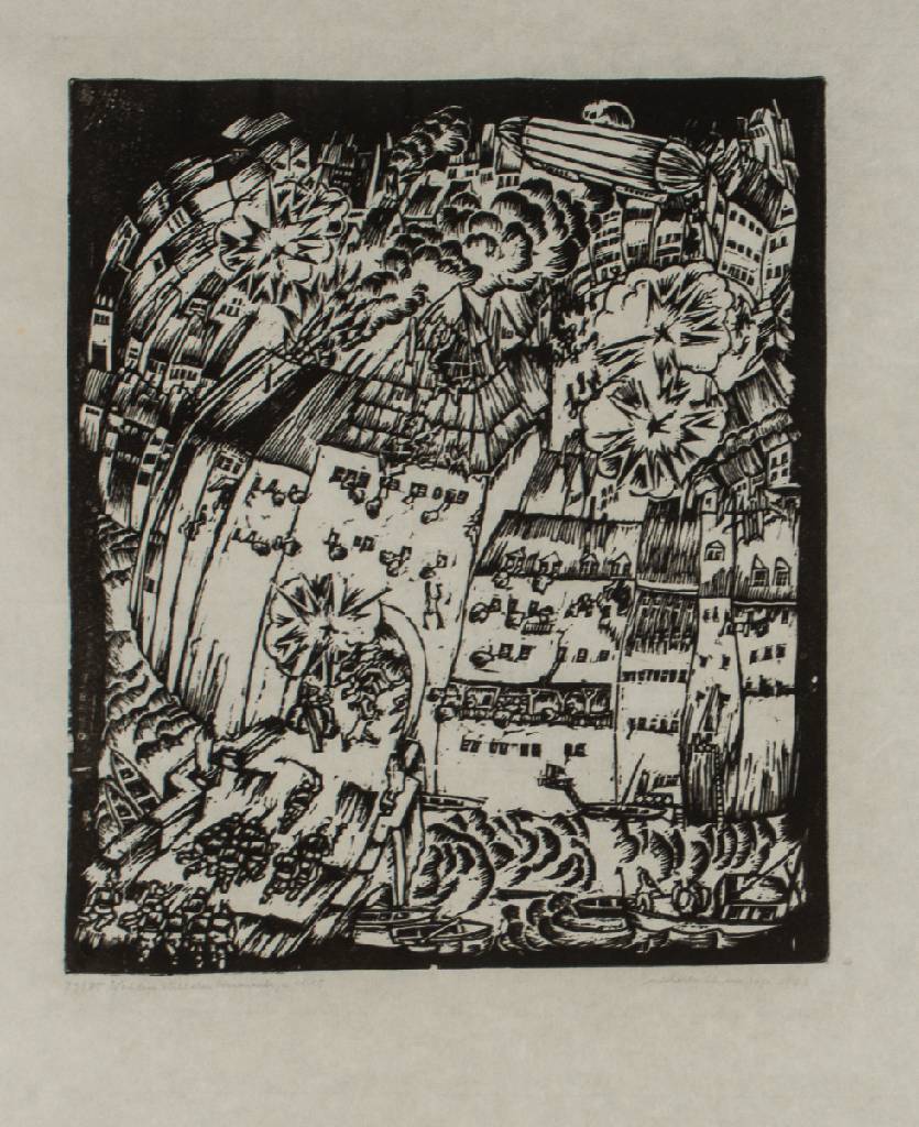 Wilhelm Schnarrenberger, 1892-1966 Karlsruhe, Sturm auf eine Stadt, Linolschnitt, num. 29/80, aus dem Nachlass Schnarrenberger 1915, handsign. von ...