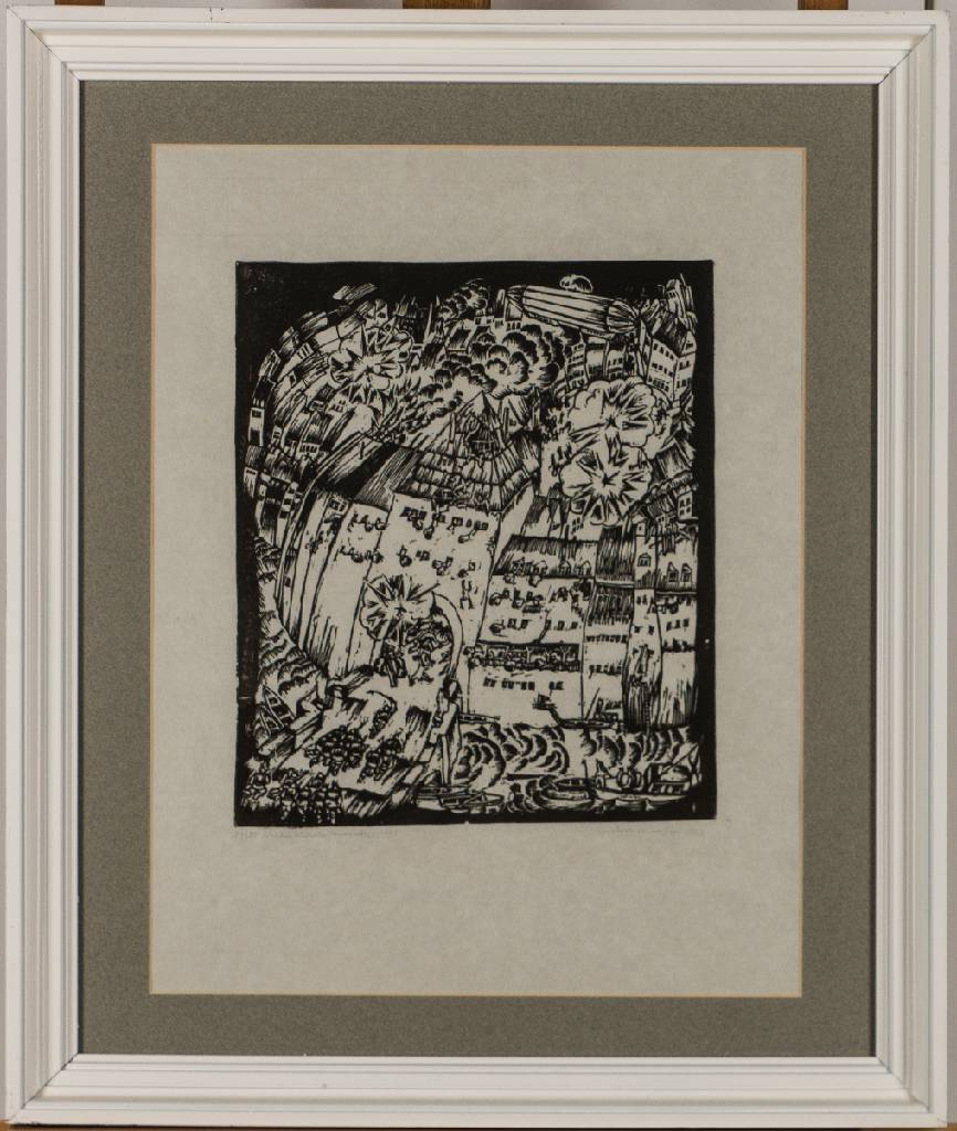 Detail a: Wilhelm Schnarrenberger, 1892-1966 Karlsruhe, Sturm auf eine Stadt, Linolschnitt, num. 29/80, aus dem Nachlass Schnarrenberger 1915, handsign. von ...