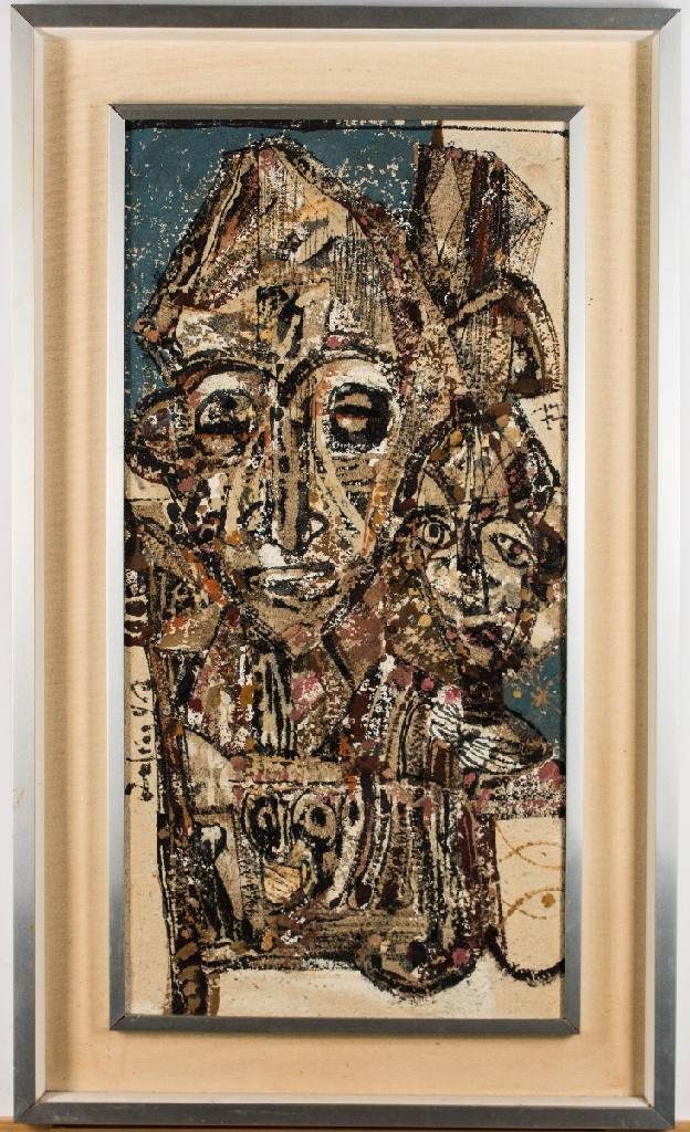 Detail a: Georges Adinga, 1933-2005, afrikanische Masken, Öl/Sand auf Lwd, sign., dat. (19)77, ca. 100x59 cm, Rahmen