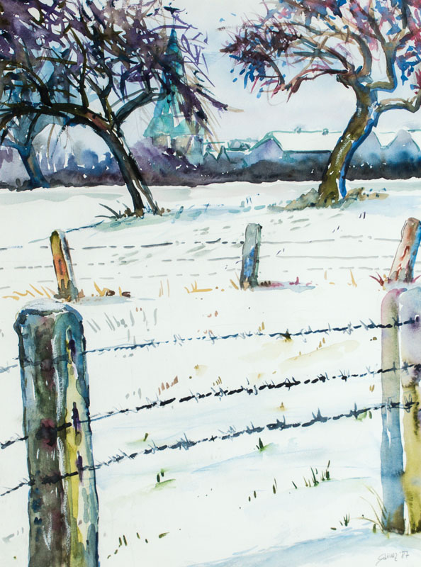 Stine Zeisel, geb. 1956 Rheinhausen, Winterlandschaft mit Stacheldraht, Aquarell auf Papier, sign., ca. 85x65 cm, unter Glas gerahmt