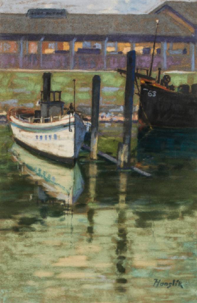 Anton Hanslik, Ludwigshafener Maler, Bootshafen am Rhein, Pastell auf Papier, sign., verso betitelt, PP Ausschnitt ca. 50x34cm, unter Glas gerahmt, ...