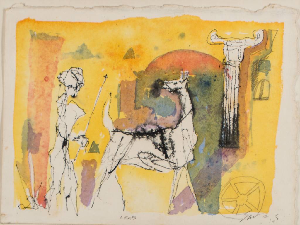 Paulo Sayeg, geb. 1960 São Paulo, Abeba, 1987, Mischtechnik/Tempera/Baumwolle, sign., betitelt, Textil 31x41 cm, unter Glas gerahmt,gesamt 60x70 cm, ...
