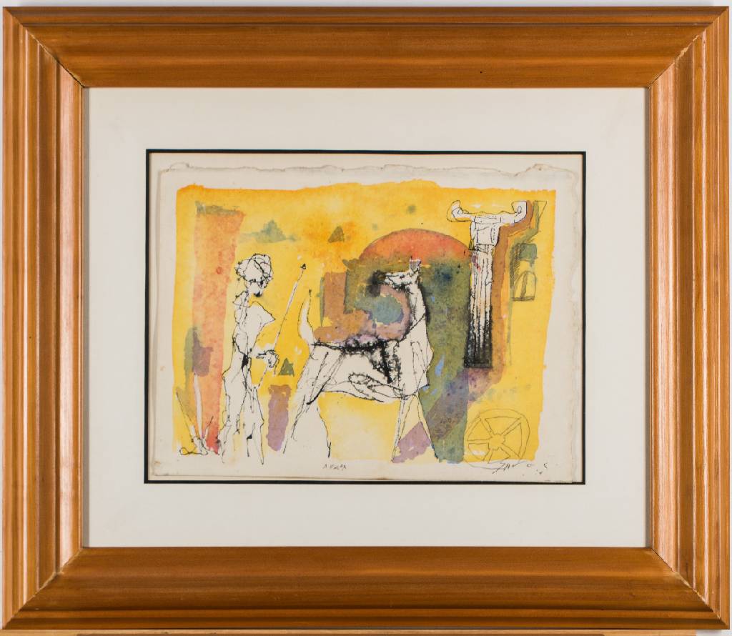 Detail a: Paulo Sayeg, geb. 1960 São Paulo, Abeba, 1987, Mischtechnik/Tempera/Baumwolle, sign., betitelt, Textil 31x41 cm, unter Glas gerahmt,gesamt 60x70 cm, ...