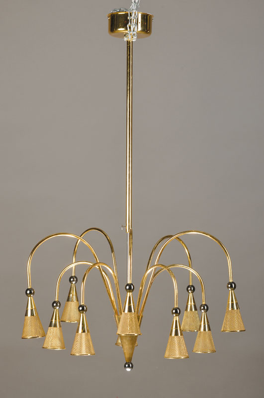 Ausgefallene Deckenlampe, wohl Italien, 1970er Jahre, Messing, sog. Tütchen-Lampe, 10 Brennstellen, Elektrifizierung nicht geprüft, guter Zustand, ...