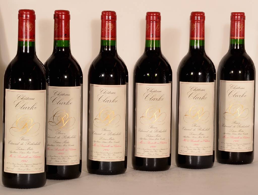 6 Flaschen 1991 Chateau Clarke, Baron Edmondde Rothschild, Listrac-Medoc, je ca. 75 cl, 12,5 % Vol., Füllstände: je ca. into neck, unverkostet, ...