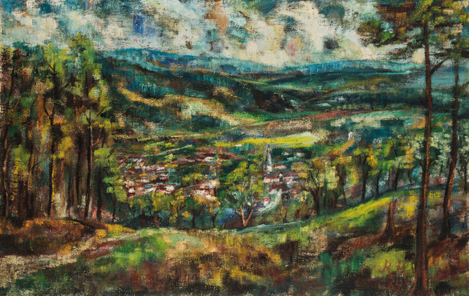 unbekannter Künstler, Blick auf Esslingen - Zell, Öl/Lwd, monogram. M.H., dat. (19)64, ca. 75x115 cm, Rahmen