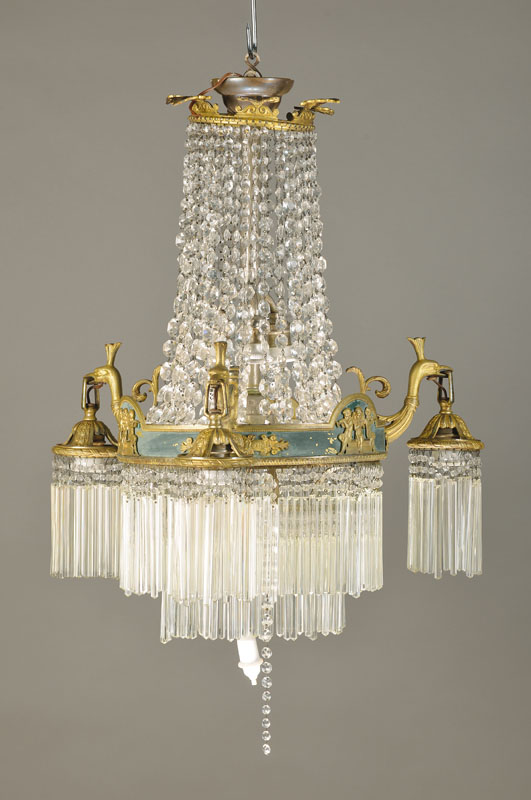 Empire-Lampe, frühes 20.Jh., Messinggestänge, Ring z.T. eingefärbt, 3 Arme in Vogelform, je 1 Brennstelle, zusätzlich 3 Brennstellen inneliegend, ...