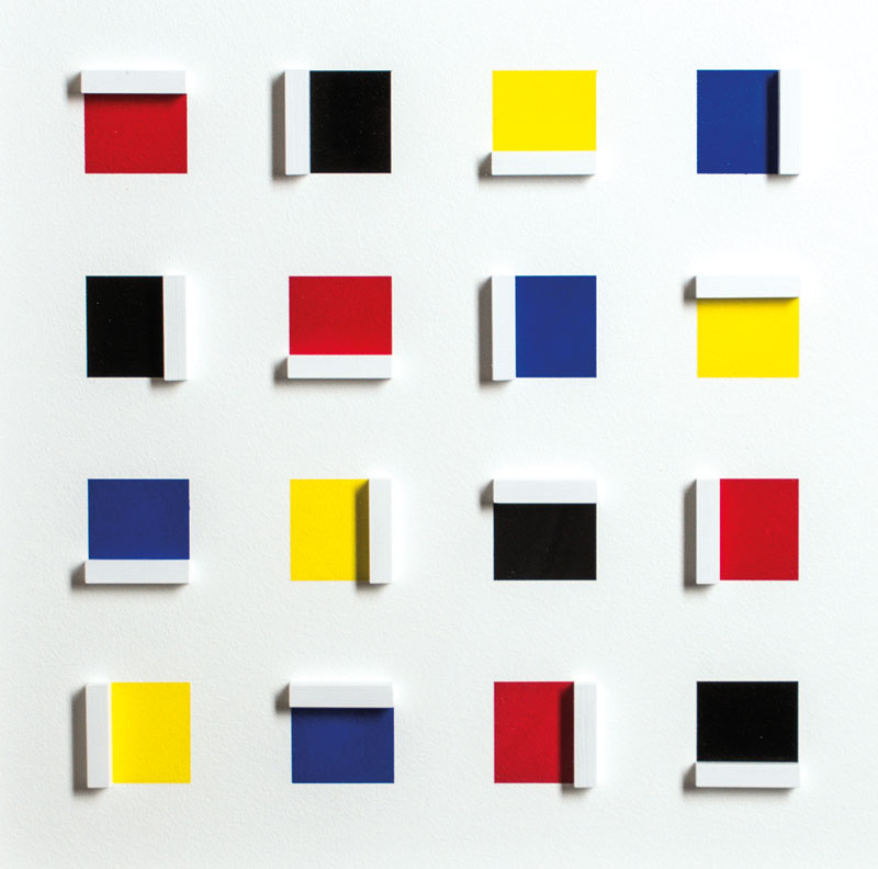 Volker Tinti, geb. 1941 Kaiserslautern, Quadrupel, Acryl/ Holz, 3D- Konstruktion, verso sign., dat. 2012, ca. 40x40 cm, unter Glas in weißem ...