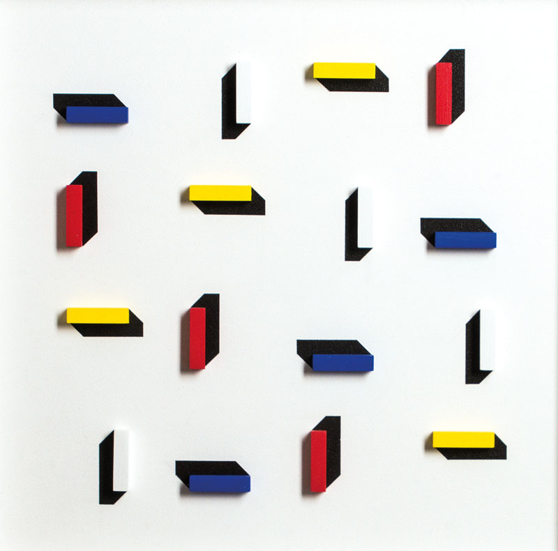 Volker Tinti, geb. 1941 Kaiserslautern, Mittelquadrat, Acryl/ Holz, 3D- Konstruktion, verso sign., dat. 8/2011, ca. 40x40 cm, unter Glas in weißem ...