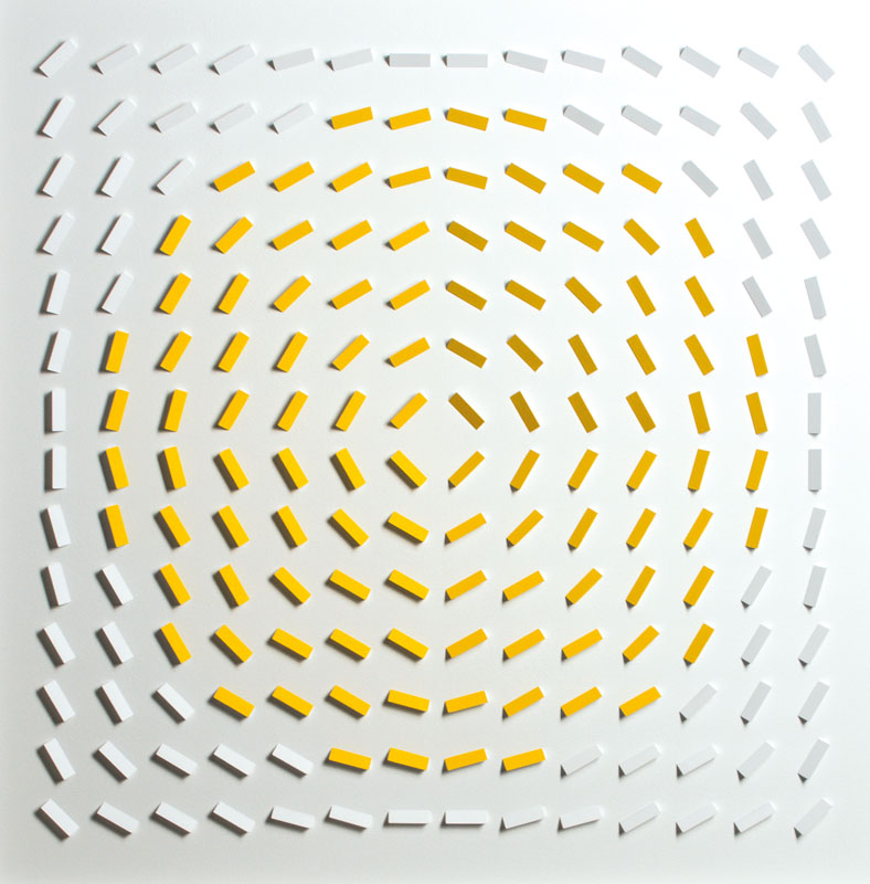 Volker Tinti, geb. 1941 Kaiserslautern, Rotation in Gelb, Acryl/Holz, 3D-Konstruktion, verso sign., dat. 2012, unter Glas in weißem Holzrahmen ...