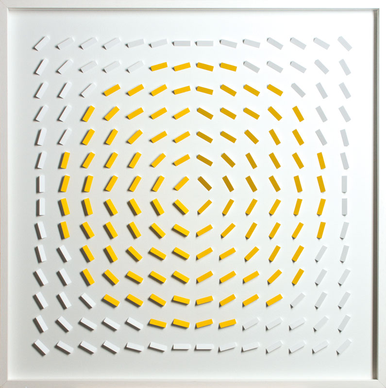 Detail a: Volker Tinti, geb. 1941 Kaiserslautern, Rotation in Gelb, Acryl/Holz, 3D-Konstruktion, verso sign., dat. 2012, unter Glas in weißem Holzrahmen ...