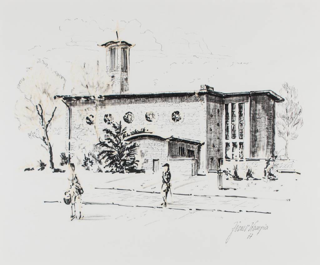 Josef Zörner-Kampia, geb. 1925, Kirche in Ludwigshafen Mundenheim, Zeichnung, sign., dat. 1977, ca. 50x60 cm, unter Glas gerahmt