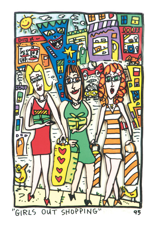 James Rizzi, 1950-2011, Girls out shopping, 3D-Lithographie, 1995, handsign., num. 190/350, Motiv 26x17, Blattgr. 36x25 cm