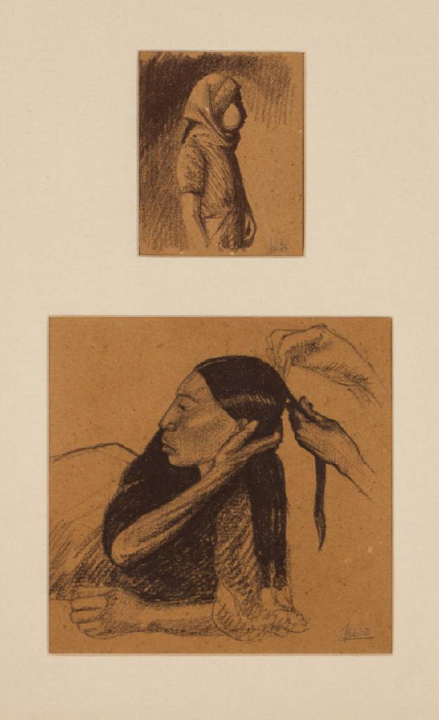 Jørn Bie, geb. 1939 Kopenhagen, lebt in Guatemala, hier: Kohlezeichnung einer Maya- Frau und eines Mädchens, zusammen unter Glas arrangiert, gesamt ...