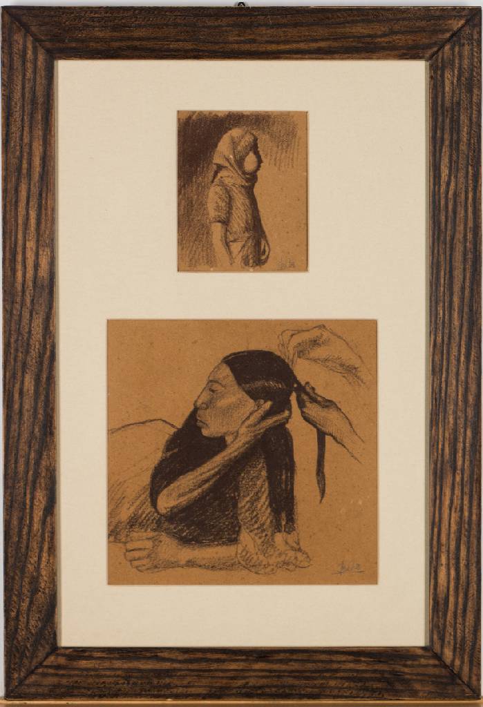Detail a: Jørn Bie, geb. 1939 Kopenhagen, lebt in Guatemala, hier: Kohlezeichnung einer Maya- Frau und eines Mädchens, zusammen unter Glas arrangiert, gesamt ...