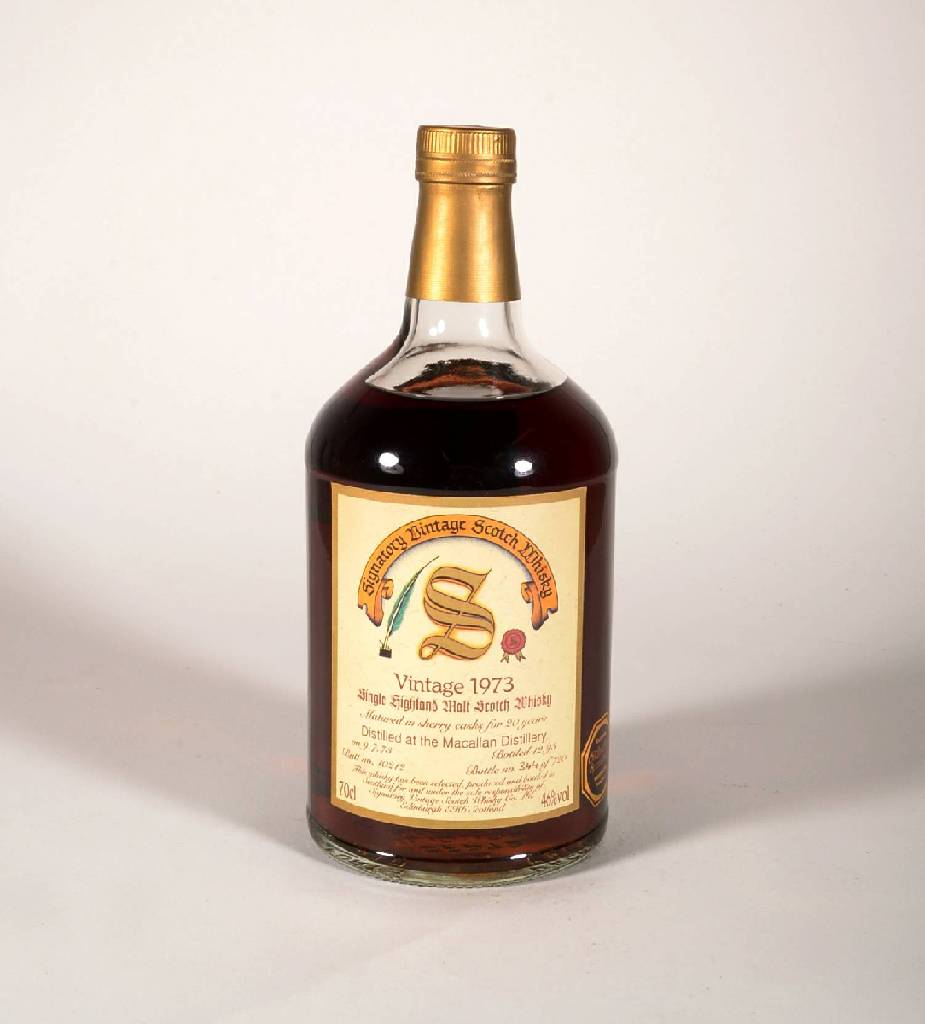 1 Flasche 1973 Signatory Vintage Macallan Malt Scotch Whisky, ca. 70 cl, 46 % Vol., unverkostet, 20 Jahre im Sherry Fass gereift, Flaschennummer: 344 ...