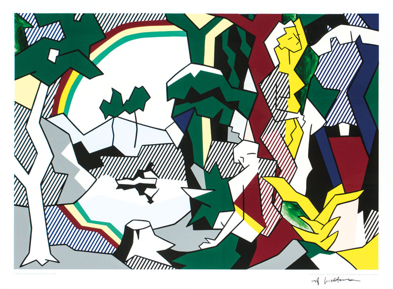 Roy Lichtenstein, 1923-1997, Landscape with figures and rainbow, Museum Ludwig Köln 1989, Farbsiebdruck auf Karton, handsign., Blattgr. ca. 51x72 ...
